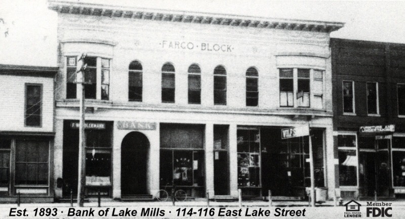 Black & white photo of old Lake Mills branch building